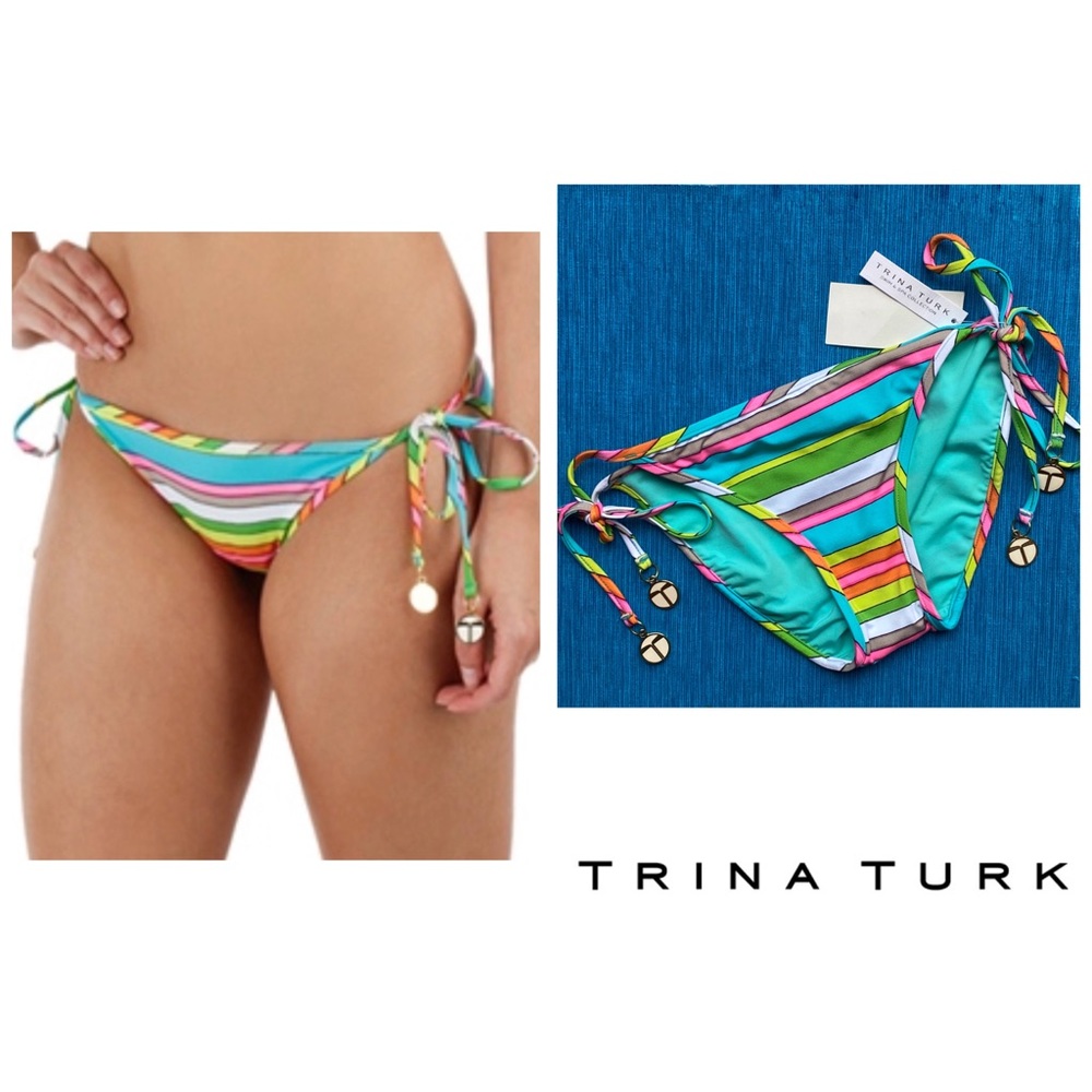 Trina Turk Tennis Anyone striped side tie string bikini bottoms size 2 NEW